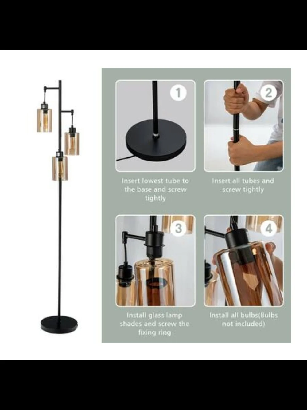 Contemporary Amber Glass Lantern Floor Lamp with Black Frame